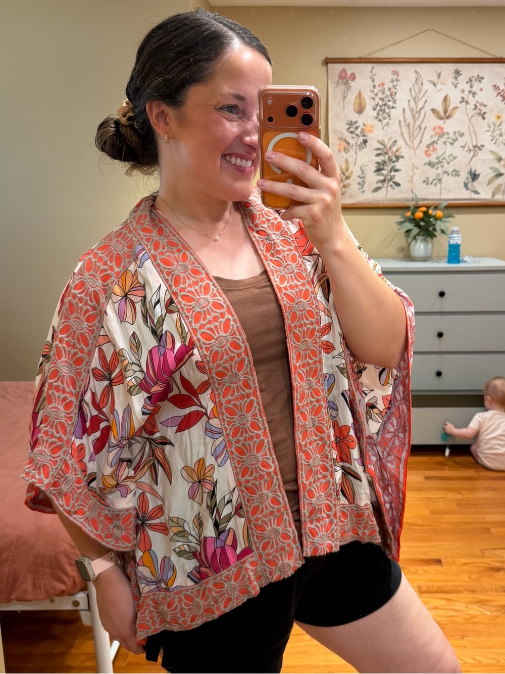 Anthropologie Tolani Floral Coral Kimono Jacket Lightweight Cover-Up OS Cupro